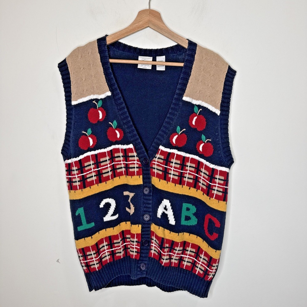 Vintage Apple Plaid Teacher Knit Sweater Vest Cardigan School ABC 123 Women's 1X